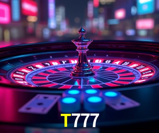 Escena dinámica inspirada en casino con iluminación T777, cartas, fichas e íconos de juegos digitales en un espacio moderno de juegos.