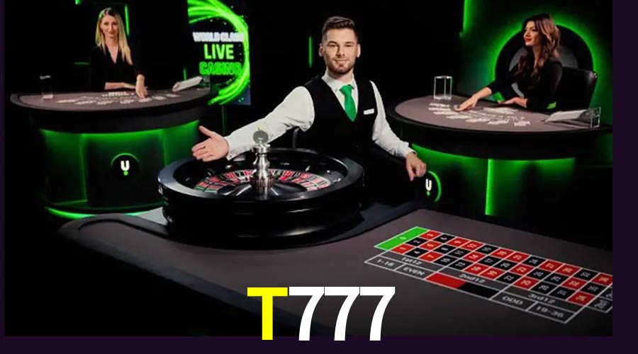 Una escena digital vívida inspirada en casino con T777 mostrado prominentemente, luces brillantes, fichas, cartas y acentos dorados.