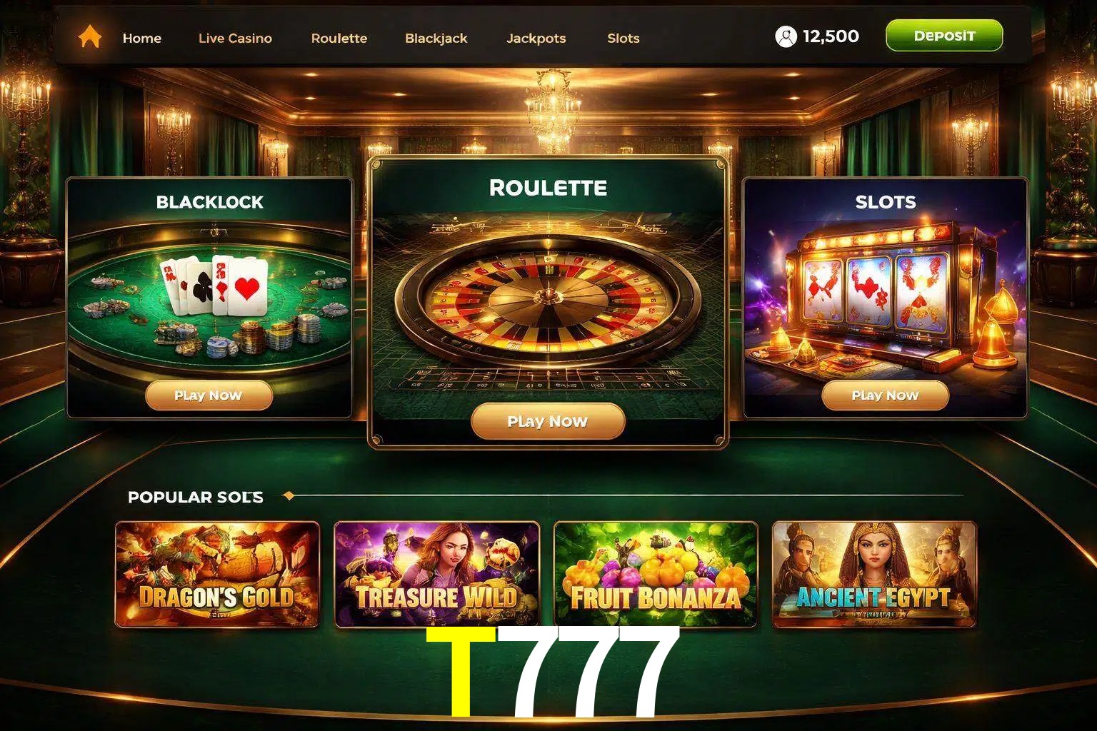 Vista de la plataforma T777 Casino mostrando categorías organizadas de juegos en línea