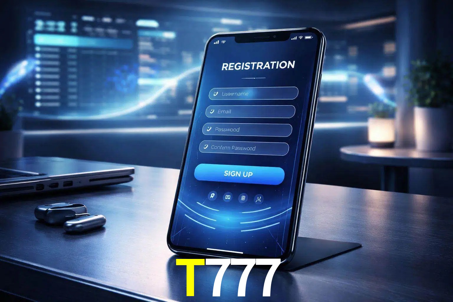 Una interfaz moderna de registro móvil para T777 mostrada en un smartphone con un panel de apuestas elegante.